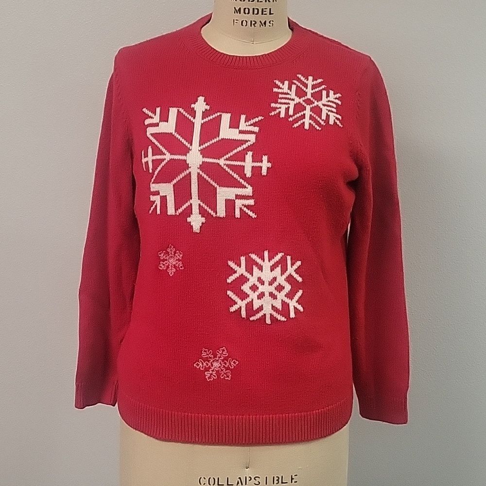Talbots Fun Red White Snowflakes Sweater, Size LP
